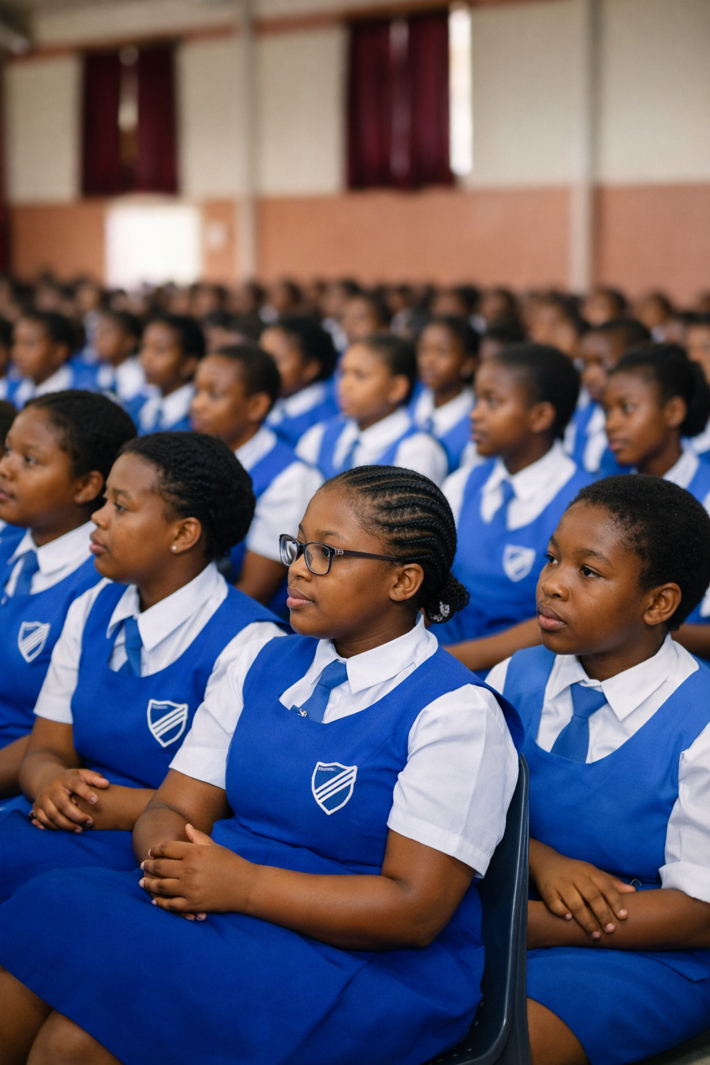 Students in blue uniforms at a school assembly