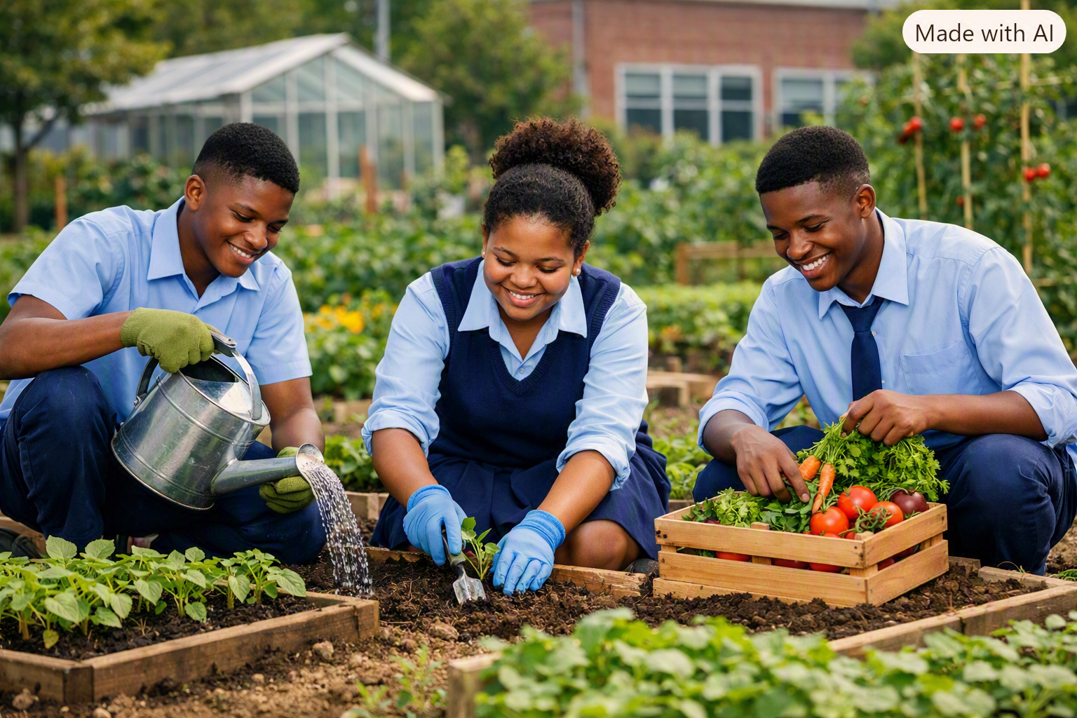 Student tending to plants in a school greenhouse